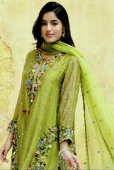 Olive Green Orchid Heavy Long Kurta